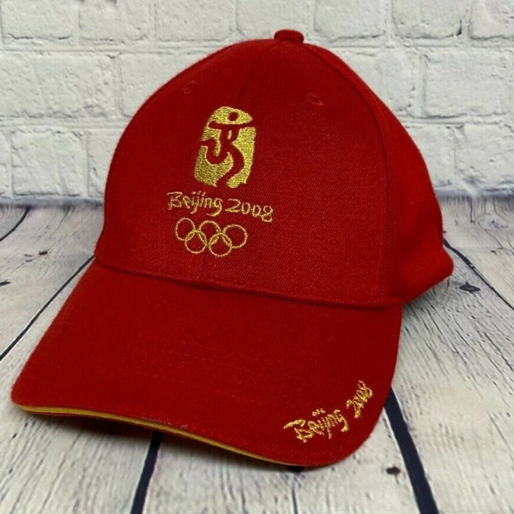 Beijing 2008 Olympics Hat Cap Stretch Fit Red Gold One Size Official Embroidered